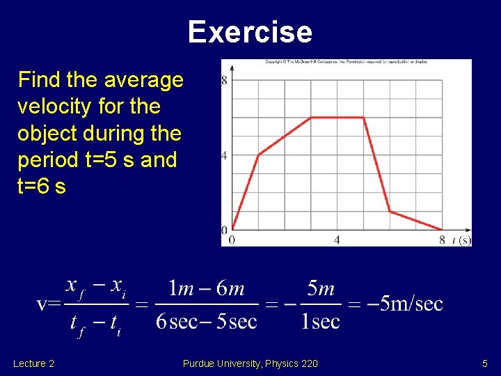 Exercise Find the average velocity for the object during the period t=5 s and