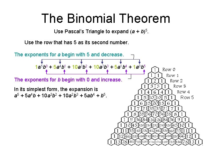 The Binomial Theorem Use Pascal’s Triangle to expand (a + b)5. Use the row