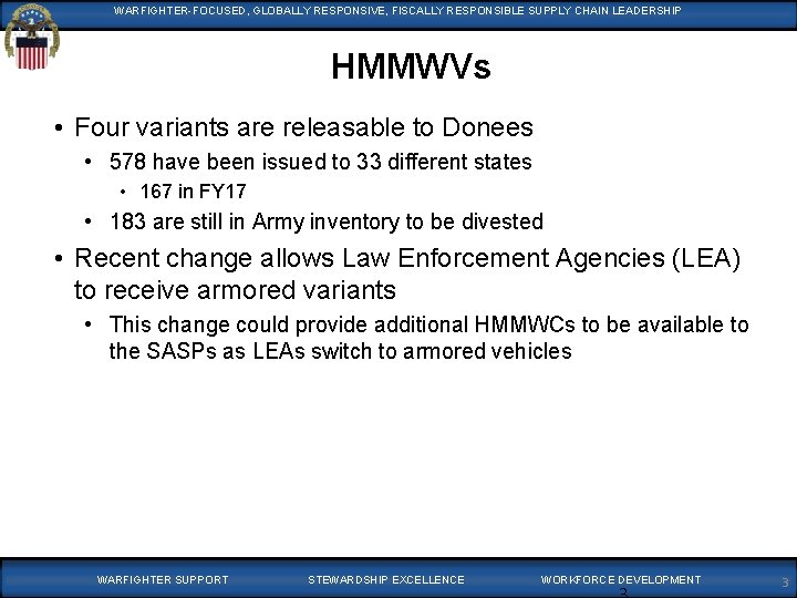 WARFIGHTER-FOCUSED, GLOBALLYRESPONSIVE, FISCALLYRESPONSIBLESUPPLYCHAINLEADERSHIP HMMWVs • Four variants are releasable to Donees • 578 have