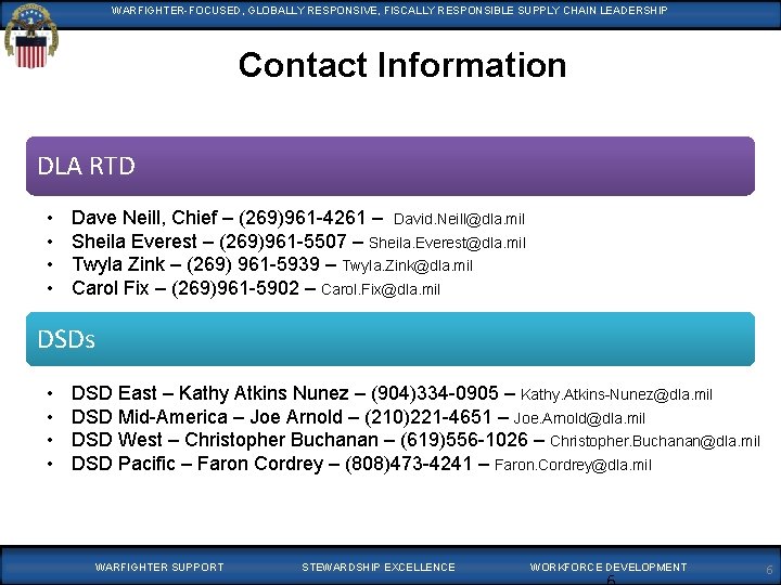 WARFIGHTER-FOCUSED, GLOBALLYRESPONSIVE, FISCALLYRESPONSIBLESUPPLYCHAINLEADERSHIP Contact Information DLA RTD • • Dave Neill, Chief – (269)961