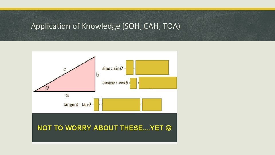 Application of Knowledge (SOH, CAH, TOA) NOT TO WORRY ABOUT THESE. . YET 