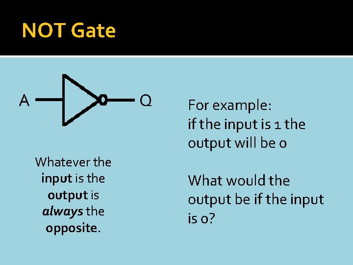 NOT Gate Q A Whatever the input is the output is always the opposite.