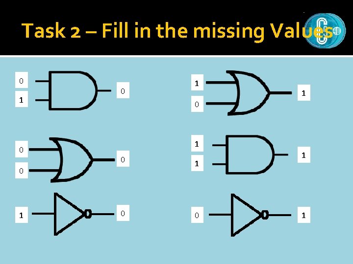 Task 2 – Fill in the missing Values 0 1 0 1 0 0