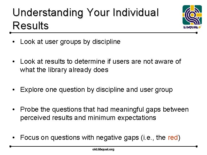 Understanding Your Individual Results • Look at user groups by discipline • Look at