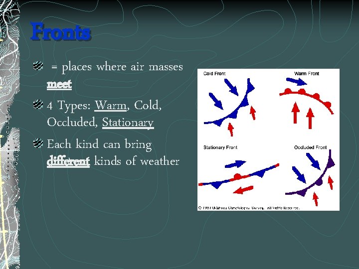 Fronts = places where air masses meet 4 Types: Warm, Cold, Occluded, Stationary Each