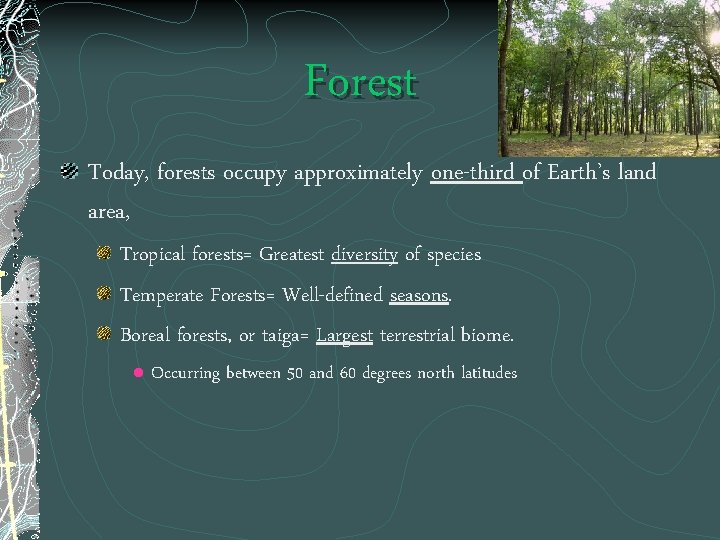 Forest Today, forests occupy approximately one-third of Earth’s land area, Tropical forests= Greatest diversity