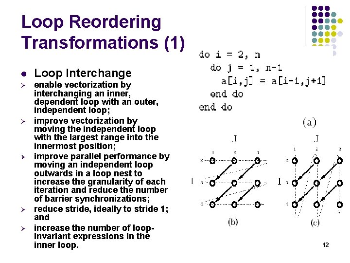 Loop Reordering Transformations (1) l Loop Interchange Ø enable vectorization by interchanging an inner,