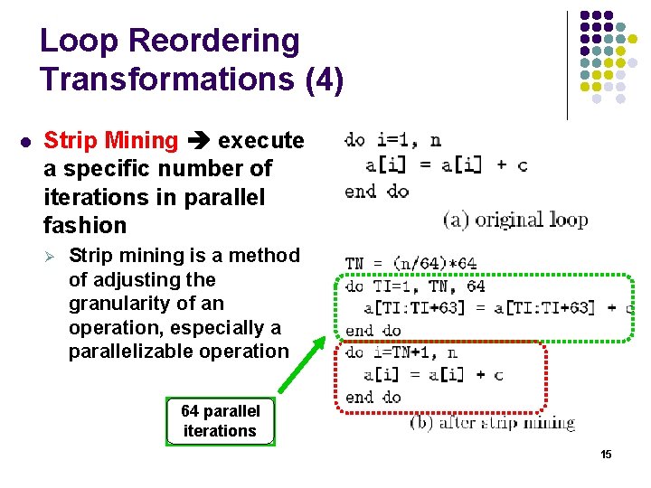 Loop Reordering Transformations (4) l Strip Mining execute a specific number of iterations in