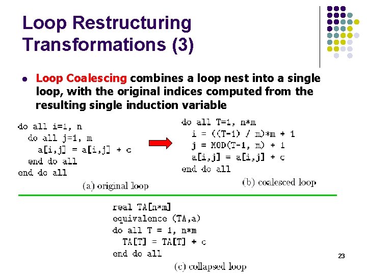 Loop Restructuring Transformations (3) l Loop Coalescing combines a loop nest into a single