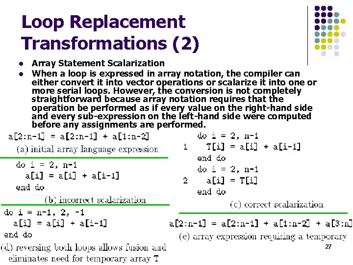 Loop Replacement Transformations (2) l l Array Statement Scalarization When a loop is expressed