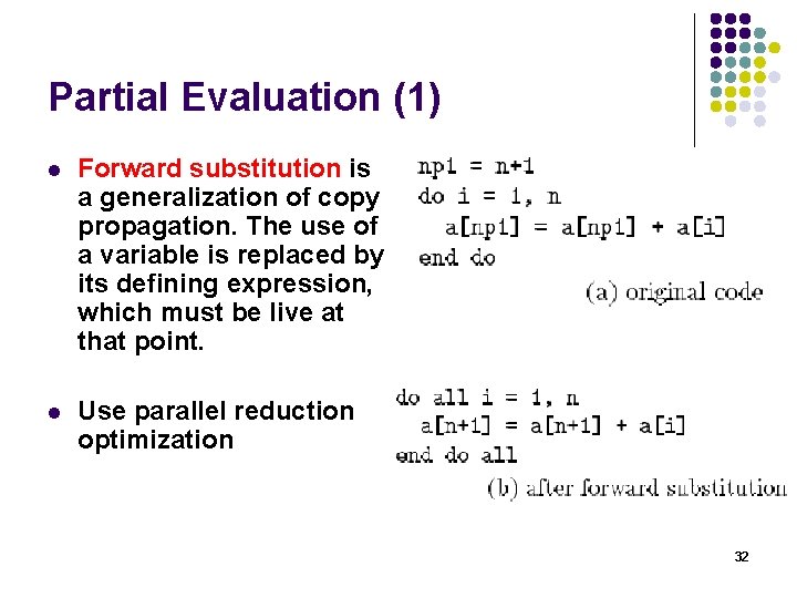 Partial Evaluation (1) l Forward substitution is a generalization of copy propagation. The use