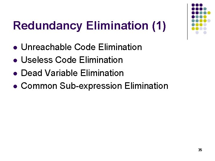 Redundancy Elimination (1) l l Unreachable Code Elimination Useless Code Elimination Dead Variable Elimination