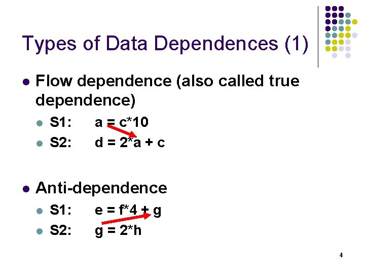 Types of Data Dependences (1) l Flow dependence (also called true dependence) l l