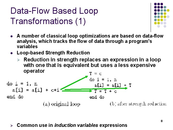 Data-Flow Based Loop Transformations (1) l l A number of classical loop optimizations are