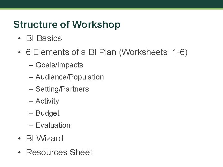 Structure of Workshop • BI Basics • 6 Elements of a BI Plan (Worksheets