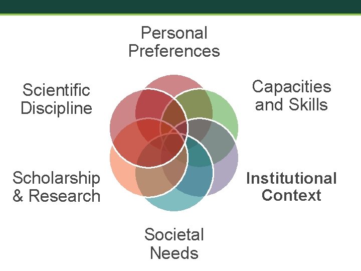Personal Preferences Scientific Discipline Capacities and Skills Scholarship & Research Institutional Context Societal Needs