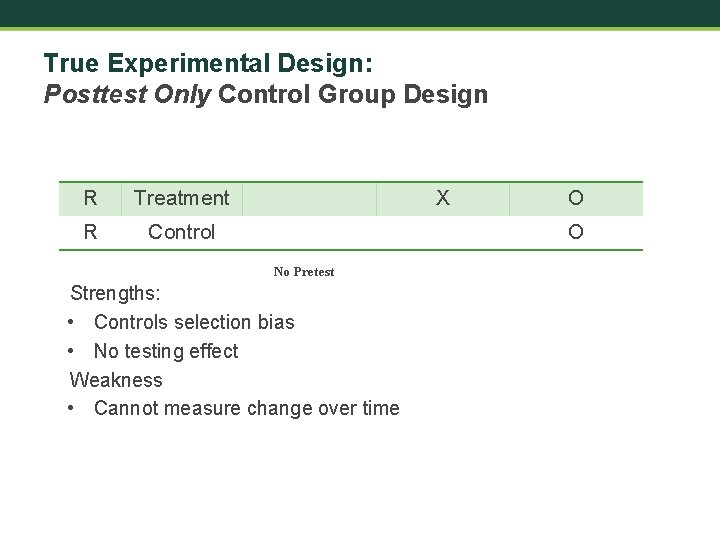 True Experimental Design: Posttest Only Control Group Design R Treatment R Control X O