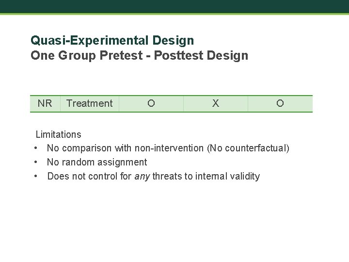 Quasi-Experimental Design One Group Pretest - Posttest Design NR Treatment O X O Limitations