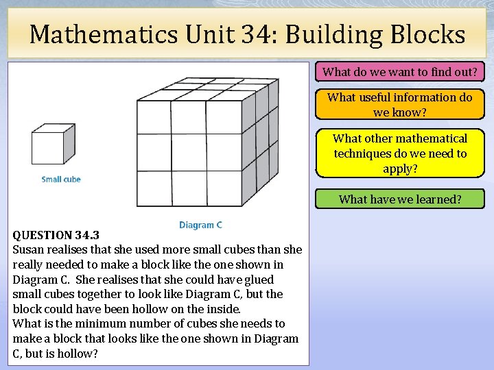 Mathematics Unit 34: Building Blocks What do we want to find out? What useful
