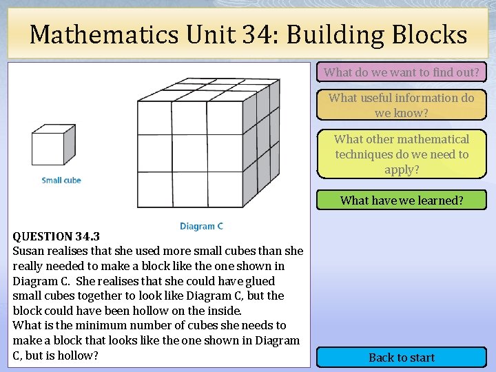 Mathematics Unit 34: Building Blocks What do we want to find out? What useful