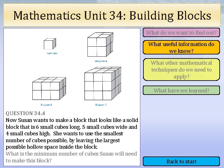 Mathematics Unit 34: Building Blocks What do we want to find out? What useful