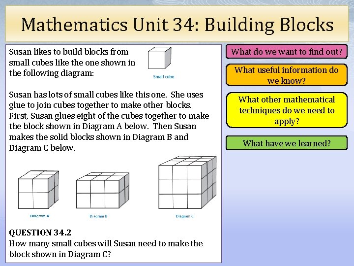 Mathematics Unit 34: Building Blocks Susan likes to build blocks from small cubes like