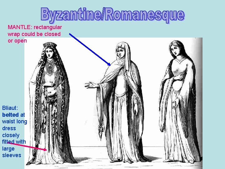 MANTLE: rectangular wrap could be closed or open Bliaut: belted at waist long dress