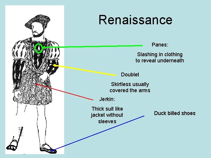 Renaissance Panes: Slashing in clothing to reveal underneath Doublet Skirtless usually covered the arms
