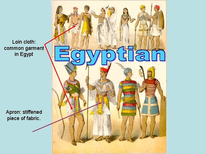 Loin cloth: common garment in Egypt Apron: stiffened piece of fabric. 