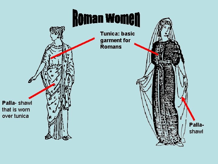 Tunica: basic garment for Romans Palla- shawl that is worn over tunica Pallashawl 