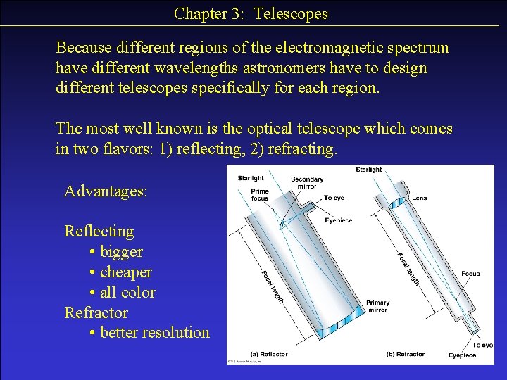 Chapter 3: Telescopes Because different regions of the electromagnetic spectrum have different wavelengths astronomers