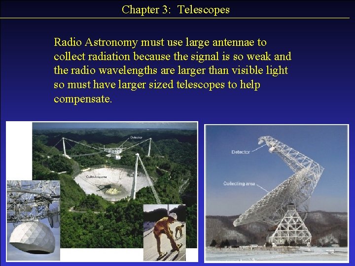 Chapter 3: Telescopes Radio Astronomy must use large antennae to collect radiation because the