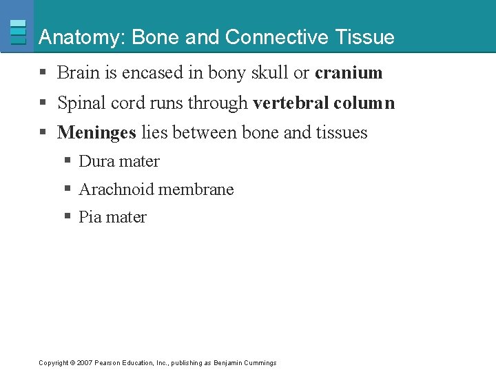 Anatomy: Bone and Connective Tissue § Brain is encased in bony skull or cranium