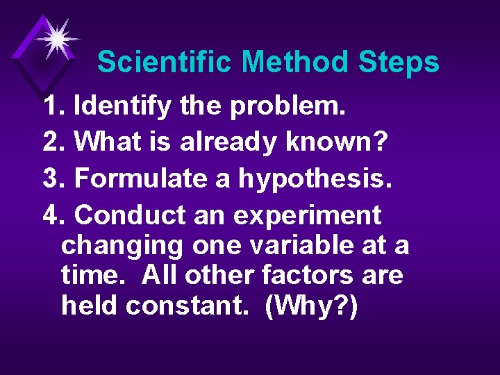 Scientific Method Steps 1. Identify the problem. 2. What is already known? 3. Formulate