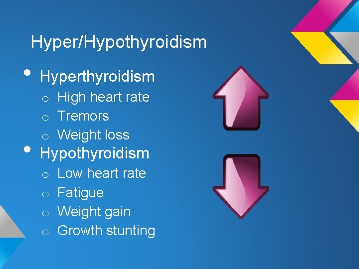 Hyper/Hypothyroidism • Hyperthyroidism o High heart rate o Tremors o Weight loss • Hypothyroidism
