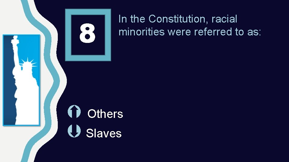 8 In the Constitution, racial minorities were referred to as: Others Slaves 