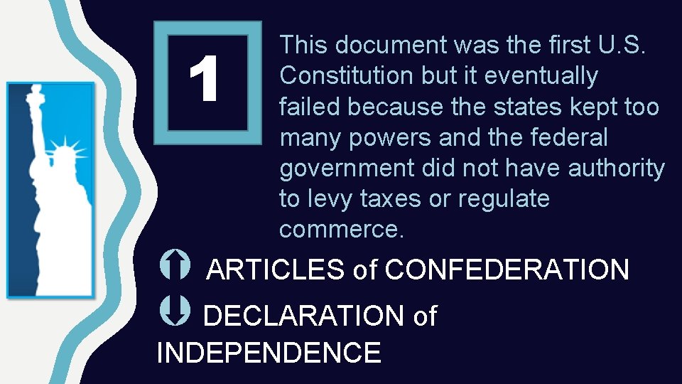 1 This document was the first U. S. Constitution but it eventually failed because