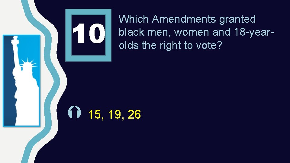 10 Which Amendments granted black men, women and 18 -yearolds the right to vote?