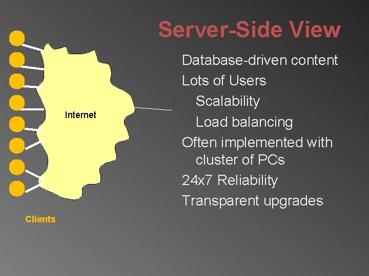 Server-Side View Internet Clients Database-driven content Lots of Users Scalability Load balancing Often implemented