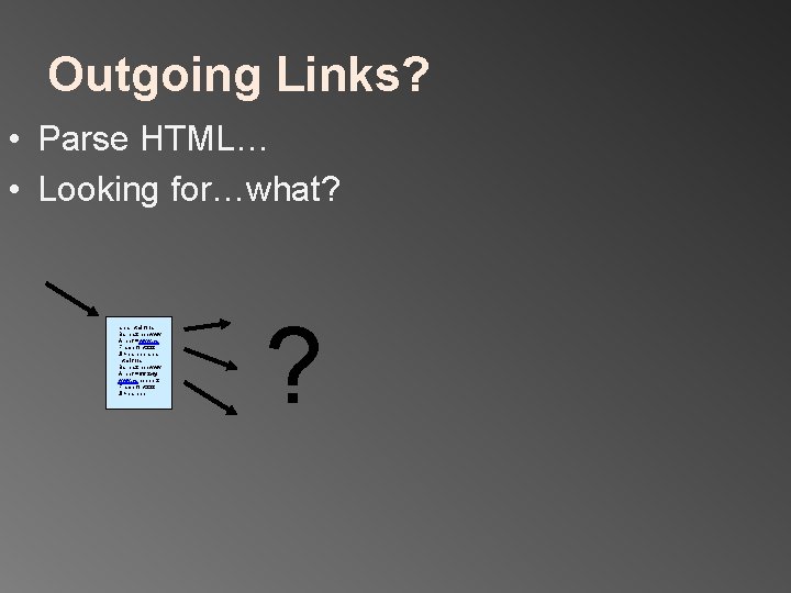 Outgoing Links? • Parse HTML… • Looking for…what? anns html foos Bar baz hhh