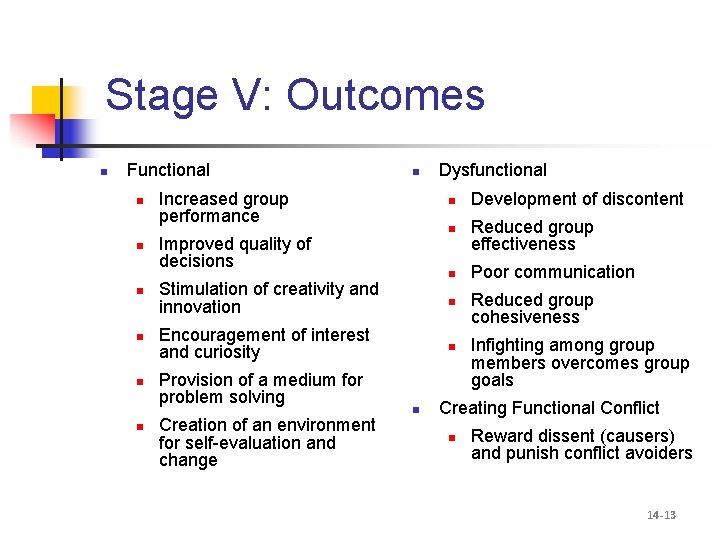 Stage V: Outcomes n Functional n n n n Increased group performance n n
