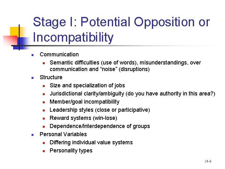 Stage I: Potential Opposition or Incompatibility n n n Communication n Semantic difficulties (use