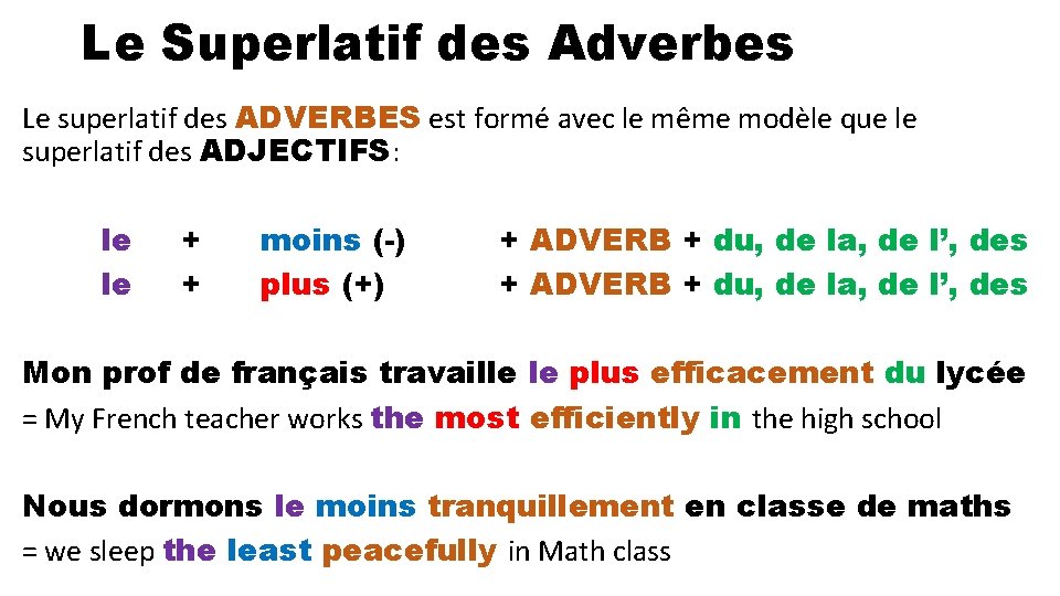 Le Superlatif des Adverbes Le superlatif des ADVERBES est formé avec le même modèle Le Superlatif des Adverbes Le superlatif des ADVERBES est formé avec le même modèle