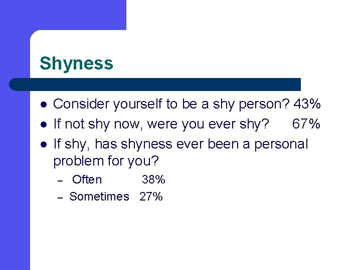 Shyness l l l Consider yourself to be a shy person? 43% If not