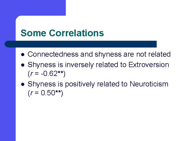 Some Correlations l l l Connectedness and shyness are not related Shyness is inversely