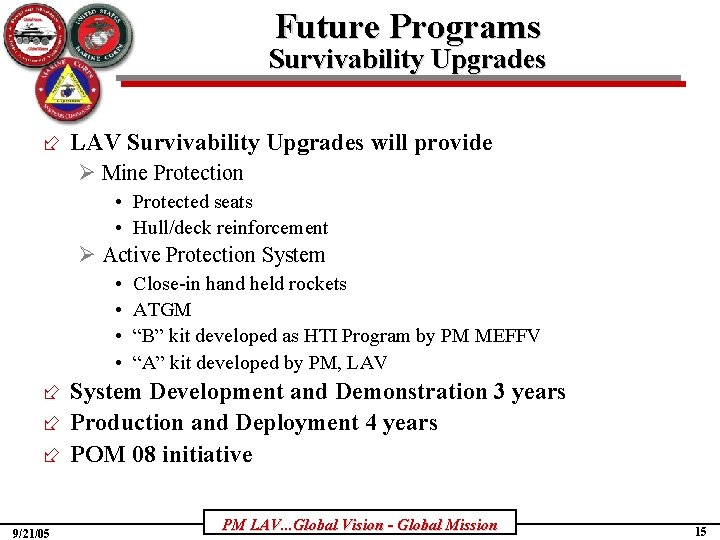 Future Programs Survivability Upgrades ÷ LAV Survivability Upgrades will provide Ø Mine Protection •