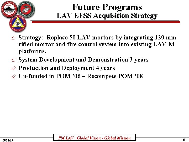 Future Programs LAV EFSS Acquisition Strategy ÷ Strategy: Replace 50 LAV mortars by integrating