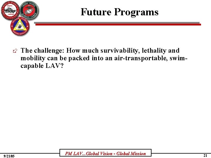 Future Programs ÷ The challenge: How much survivability, lethality and mobility can be packed