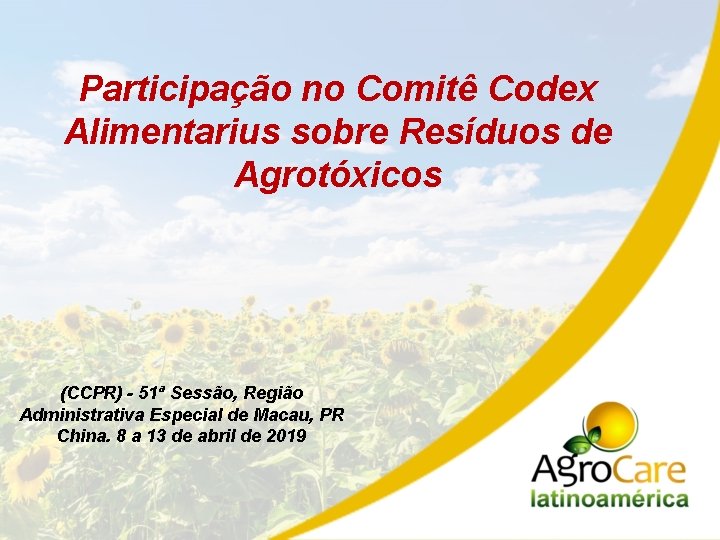 Participação no Comitê Codex Alimentarius sobre Resíduos de Agrotóxicos (CCPR) - 51ª Sessão, Região