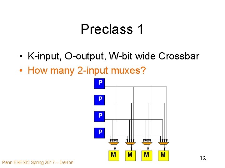 Preclass 1 • K-input, O-output, W-bit wide Crossbar • How many 2 -input muxes?